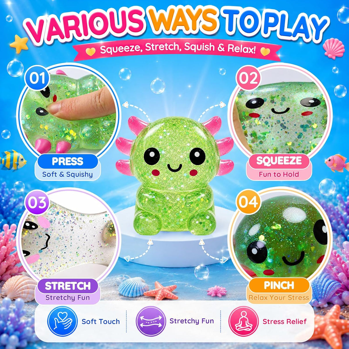 Axolotl Squishy — Slow-Rising Glitter Stress Toy