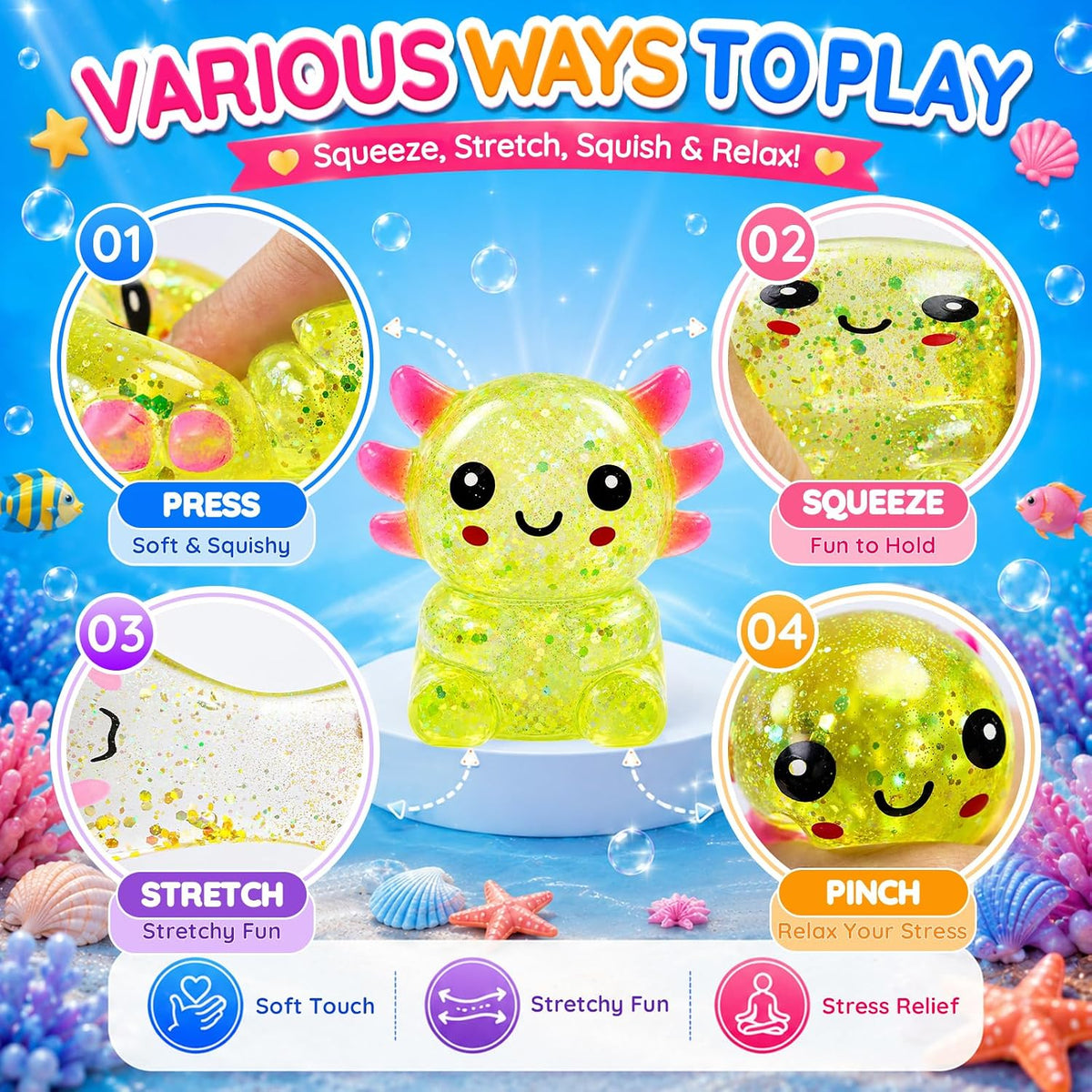Axolotl Squishy — Slow-Rising Glitter Stress Toy